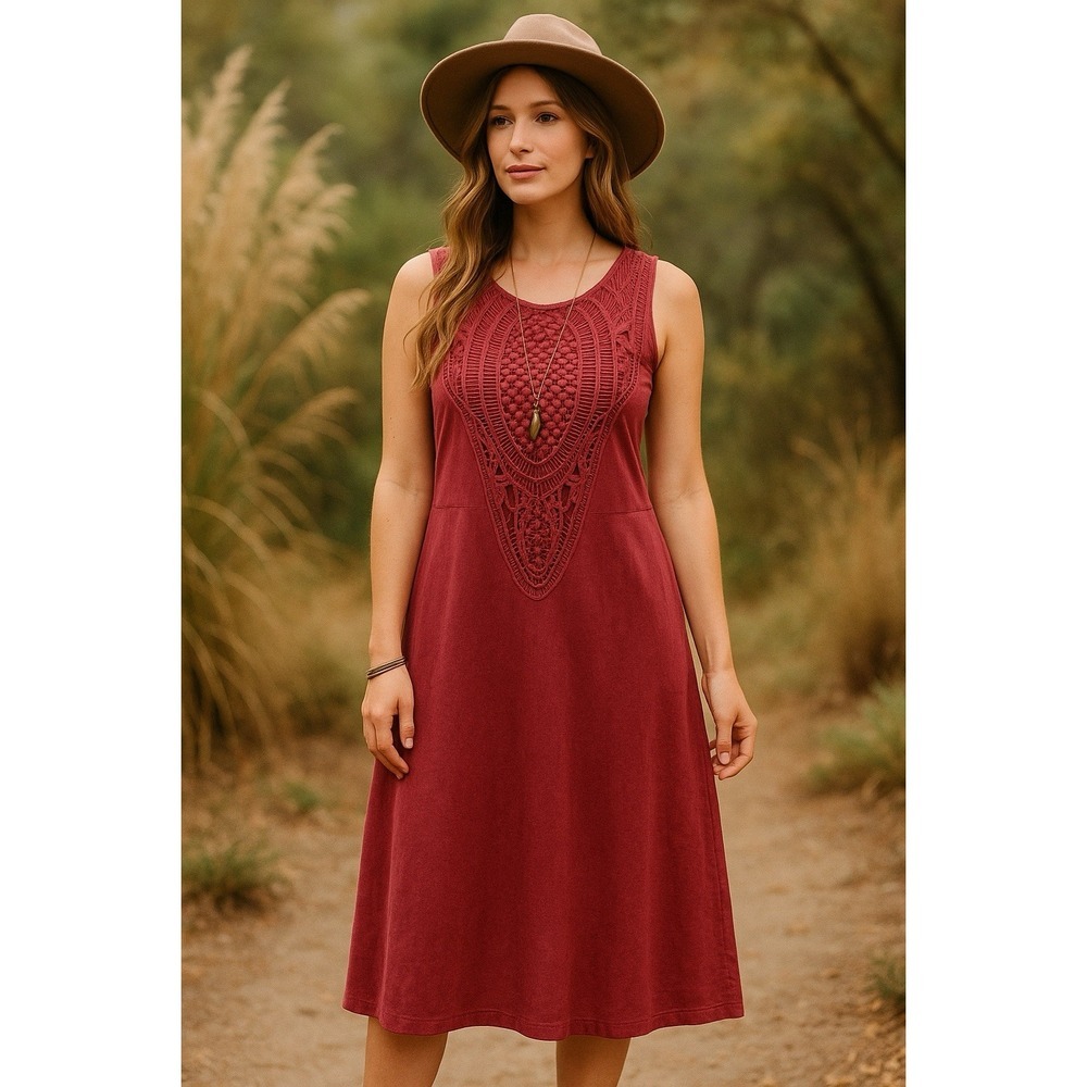 Signature Studio Boho Chic Crochet Wine Red Dress L Fall Winter Festival Style